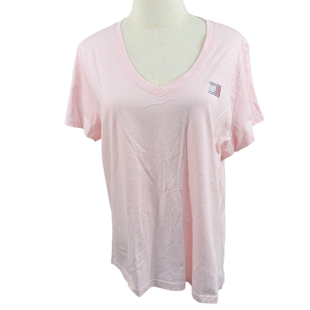 Tommy Hilfiger Womens XL Pink V-Neck Rhinestone Flag Logo T-Shirt‎ Coquette NWT